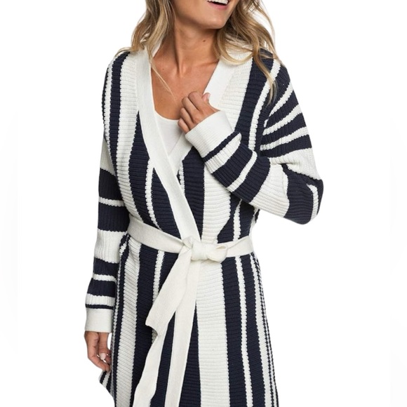 Roxy Striped Cardigan Knit Sweater Navy Blue Waist Tie Chunky Coastal Cozy - Picture 1 of 12